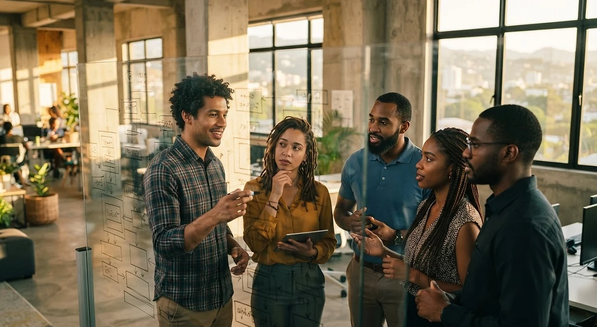 Diverse Caribbean software engineers collaborating in a sun-filled Kingston office