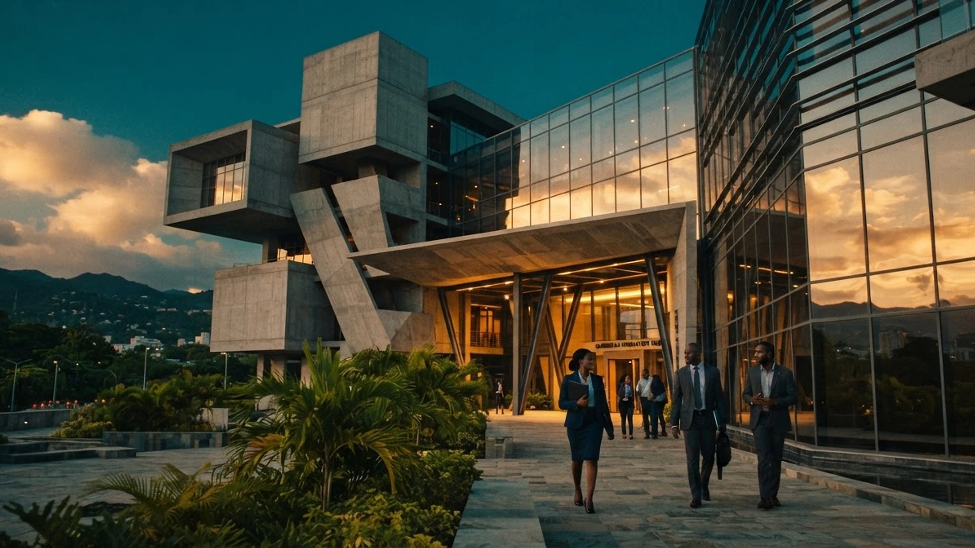 Futuristic glass high-tech headquarters in Kingston, Jamaica at golden hour