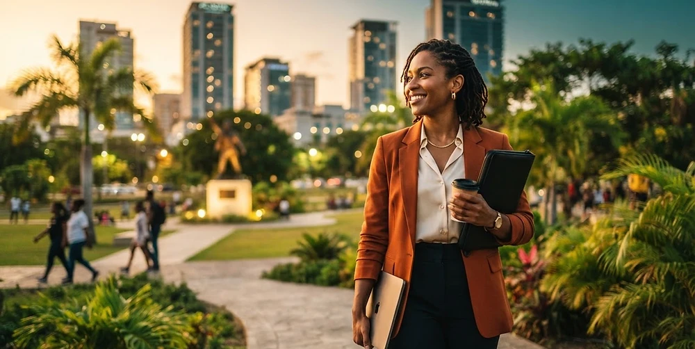 Young Caribbean professional woman walking through a modern Kingston park with a laptop