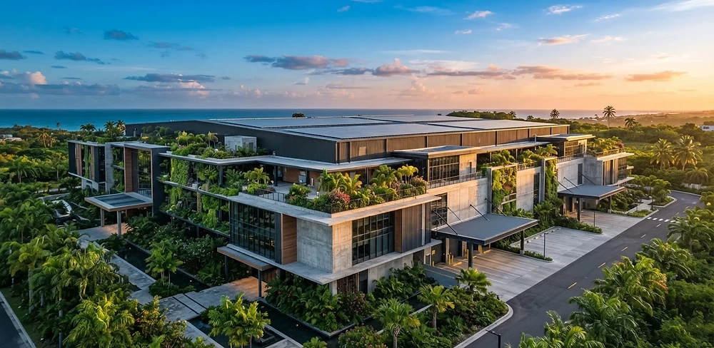Modern fulfilment centre in Barbados blending greenery with industrial technology