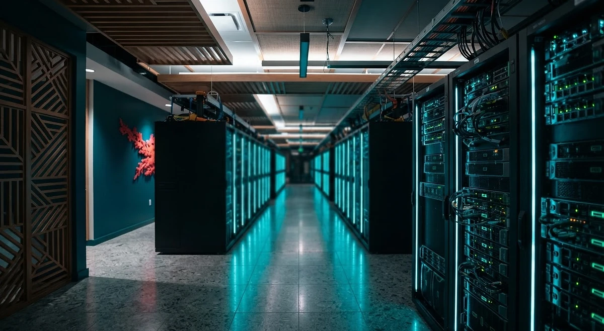 Modern server room illuminated by teal lights